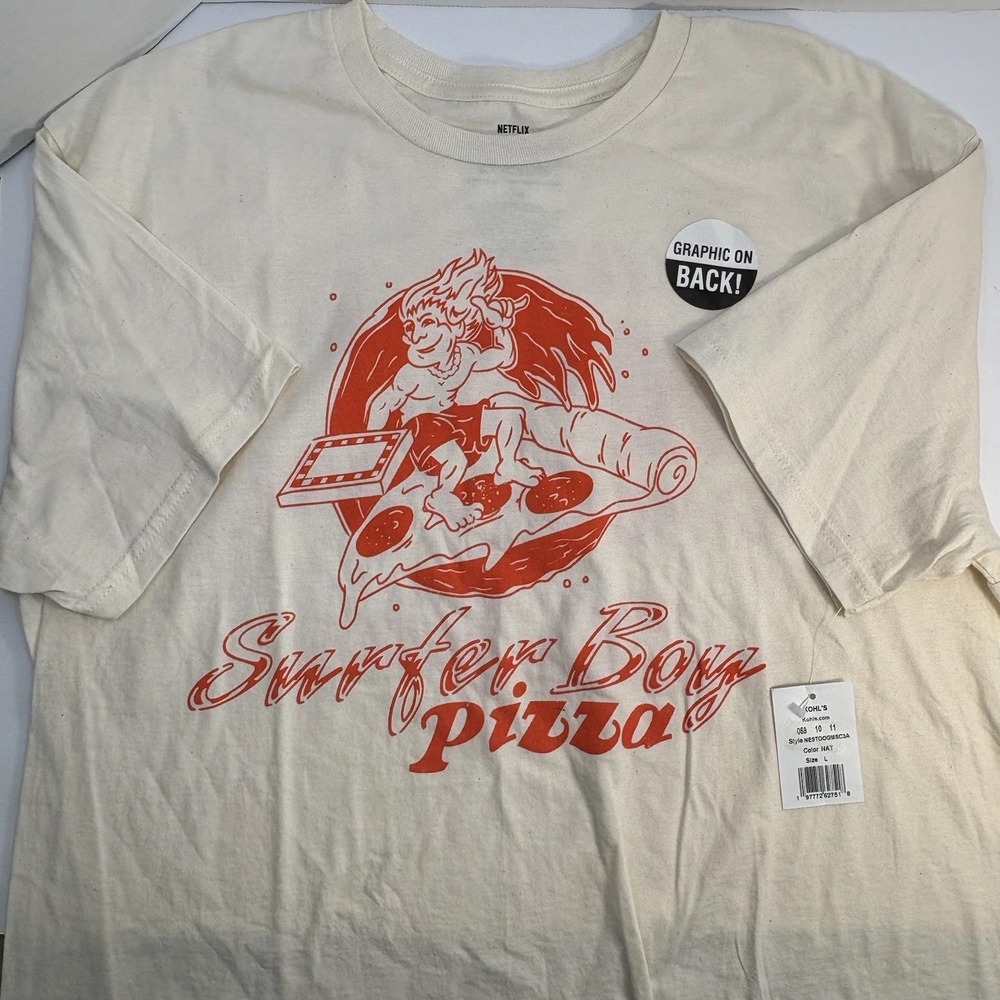 Netflix Stranger Things Mens Surfer Boy Pizza Graphic T-Shirt Cream Large NEW